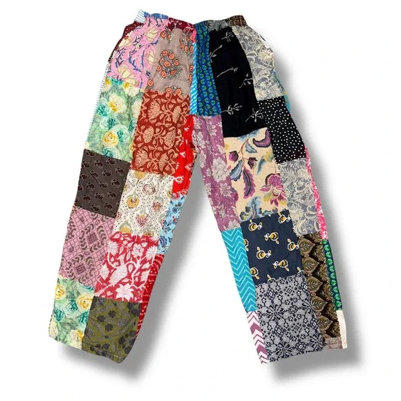 Unique Patchwork Cotton Lounge Pants Boho Bohemian Hippie Drawstring Waist - Picture 3 of 5